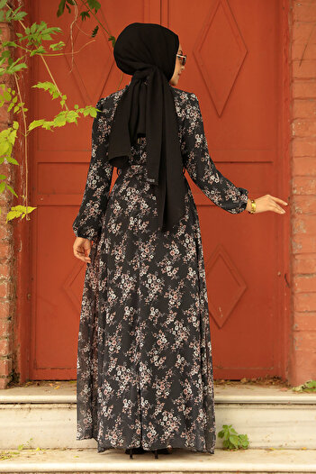 Neva Style Çiçek Desenli Siyah Tesettür Elbise 279047s