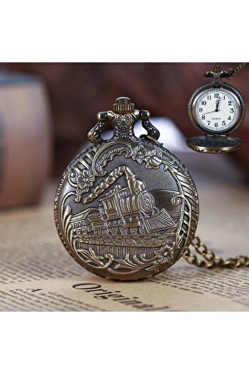 valkyrie Retro Vintage Embossed Smoky Train Flower Motif Elegant Chain Pocket Watch