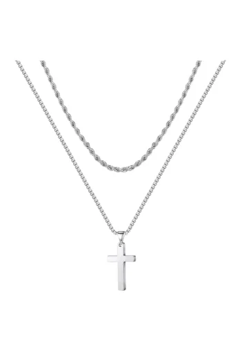 Tessero Set doua lantisoare model Rope Chain si design cubic cu pandantiv in forma de cruce, otel inoxidabil