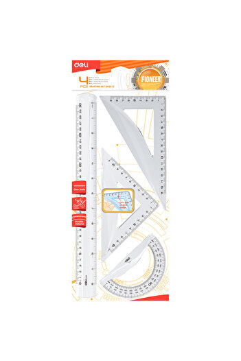 Deli Deli EG00512 Transparent 4-Piece Ruler Set – ideal for school, drafting & design use