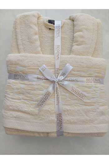 Beğenal Cream Colored 100% Cotton Jacquard Stone Double Bathrobe Set
