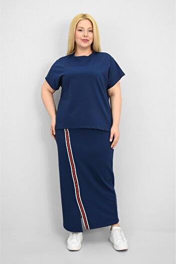 Koza Butik Women's Plus Size Short Sleeve Stripe Skirt Suit 8204-25