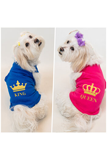 Buddy Store Cat & Dog Outfit Clothes Apparel - Saks Blue and Pink King Queen Printed Tank Tops 2 Pack