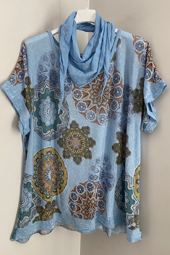 AYASOFYA OTANTIK Bluză largi cu paiete pentru femei, eșarfă indigo italiană, cu model mandala, mâneci și tiv