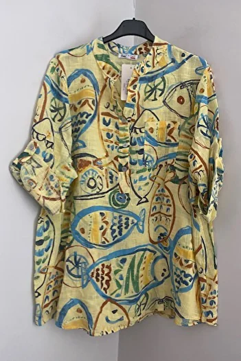 AYASOFYA OTANTIK Women's Italian Yellow Colored Fish Pattern Button Detailed Folding Orphan Sleeve 100% Cotton Blouse