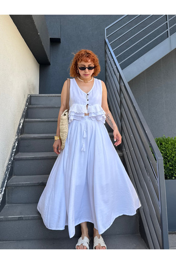 Bak'ap Premium Brode Detailed Bohemian Blouse - Tied Long Summer Skirt Double Set