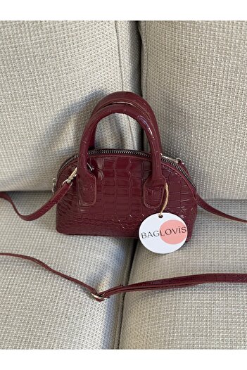BAGLOVİS Croco Leather Small Hand and Cross Bordo Women's Shoulder Bag En18 Boy12