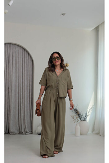 DUSOHOME V-Neck Shirt Draped High Waist Trousers Linen Suit 2 Piece Set