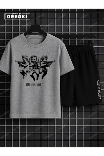 EFFRENATU Children of Heaven Printed Cotton Unisex Gray T-Shirt-Black Shorts Set