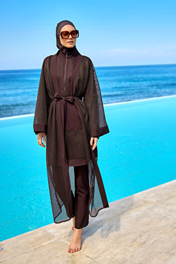 Marina Swimwear Full Length Brown Tulle Kimono – Hijab Beach Pareo P2501-4