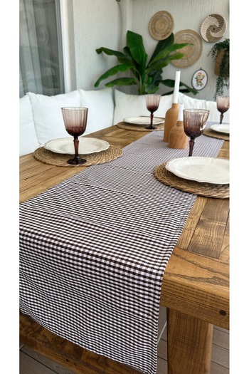 Decamor home Cotton Linen Brown Mini Gingham Runner