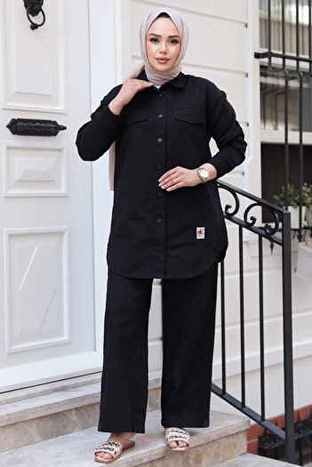 N.S NEVA STYLE Μαύρο Hijab Διπλό Σετ με Κουμπί 14272S