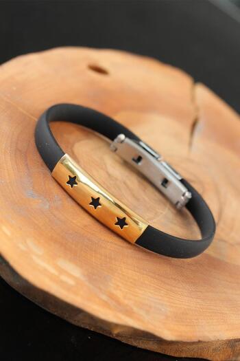 callerrons accessories Gold Color Steel Star Design Black Color Silicone Men's Bracelet - Ebj250628W33684