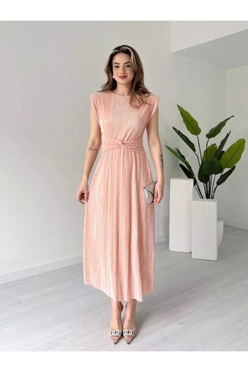 Lusin Women's Powder Stylish Waist Detailed Padded Lined Summer Dress