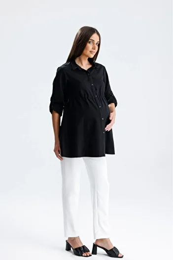 KATLİN MATERNİTY WEAR Maternity Shirt, Poplin Cotton Fabric, Side Lacing and Sleeve Curving Detail