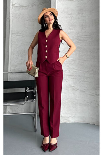 pembekurdelem Women's Flower Button Detailed Classic Vest Trousers Suit Burgundy
