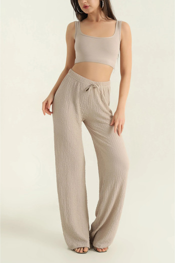 BEYAZTOPTAN 100% Stylish Women's Seersucker Palazzo Pants with Pockets