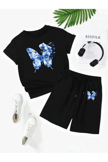 Frisson Unisex Cotton Black Crew Neck Comfortable T-Shirt / Shorts Set "Butterfly" Printed