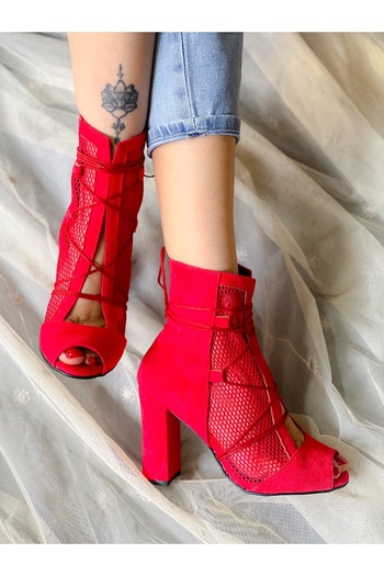 BERFONA Happy Red Mesh Detail 10 cm Heel Summer Boots Sandals