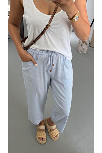 Sezgi Tekin Baby Blue λινό παντελόνι Bohemian με ελαστική μέση
