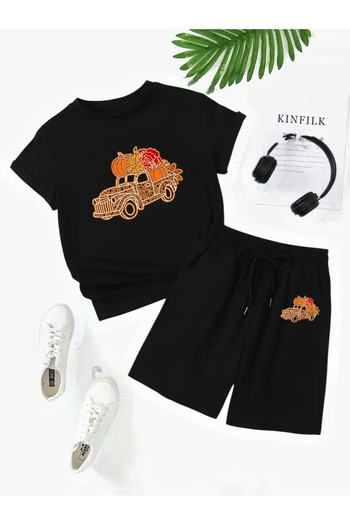 Frisson Unisex Cotton Black Crew Neck Comfortable T-Shirt / Shorts Set "Car" Printed