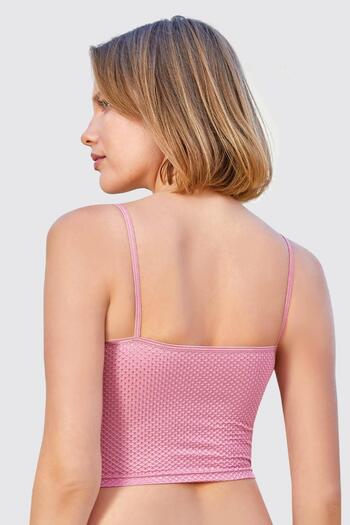 Berrak 7023 Pink Shiny Fabric Crop Bustier Half Singlet with Rope Strap