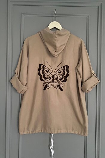 Bİ.GİYSEN Women's Coffee Plus Size Butterfly Embroidered Sleeve Fold Cotton Linen Fabric Shirt Jacket