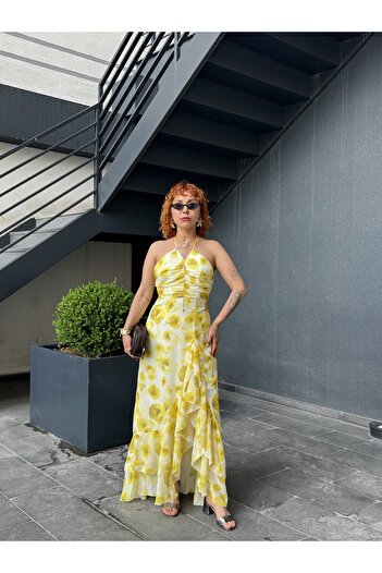 Bak'ap Premium Rose Pattern Summer Alacati Flounced Ruffled Halter Neck Summer Long Chiffon Dress