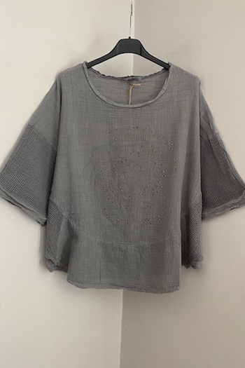 AYASOFYA OTANTIK Women's Gray Sleeves Mesh Stone Short Sleeve Oval Blouse