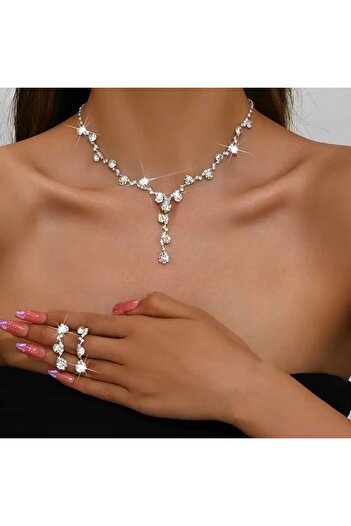Ümaks Silvers مجموعة مجوهرات حجرية من 3 قطع من Sparkling Grace – قلادة، أقراط، سوار |   أزياء الزفاف والمناسبات الخاصة