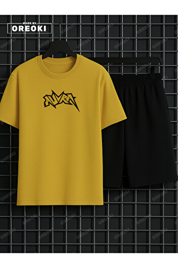 EFFRENATU Aura Printed Cotton Unisex Yellow T-Shirt-Black Shorts Set