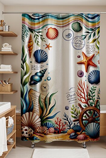 EVPANYA Banyo Perdesi, Deniz Tabanı Canlıları Desenli Duş Perdesi, Küvet Perdesi 175x200cm
