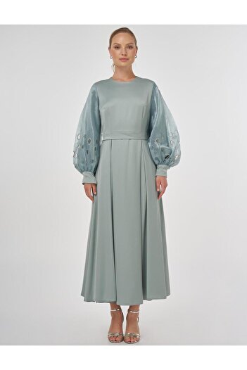 Kayra Satin Dress with Embroidered Sleeves Island Tea