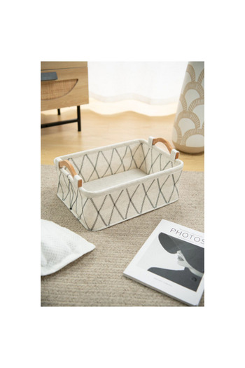 HONEYBEE Rectangular Shape Durable Storage Basket with Wooden Handle White and Black