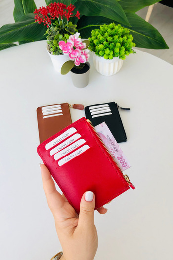 derius Mia 8 Card Slots Double Sided Red Super Slim Card Holder (Zipper Compartment)
