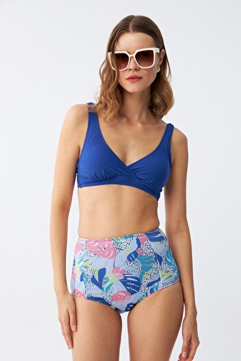 Akbeniz Women's Padded Leaf Patterned High Waist Sax Bikini Set