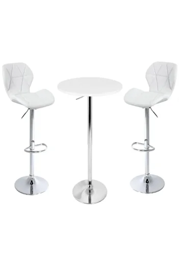 AWF AL WADI FURNITURE طقم طاولة بار ريكسو، 3 قطع، قابلة للتعديل، من خشب إم دي إف، وكرسيين بار من جلد البولي يوريثان بتصميم ماسي، لون أبيض