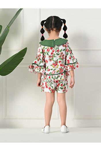 Bella Moda By Styli Printed Ruffled Hem Round Neck Top and Shorts Set