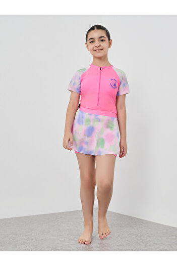 Styli Girls Pink Printed Raglan Sleeve Swimsuit