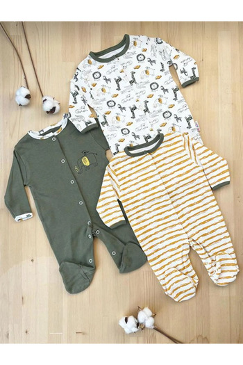 Bamoola Striped and Animal Kingdom Themed 100% Cotton 3-Piece Jumpsuit Set Unisex