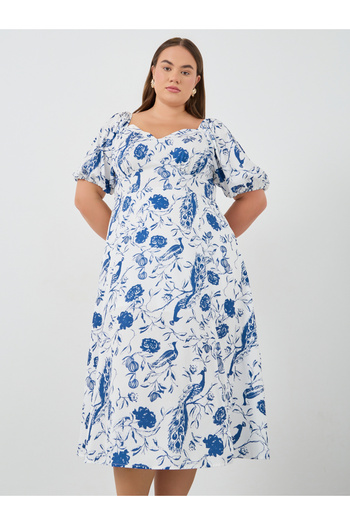 Styli Plus Size Puff Sleeve Printed Midi Dress