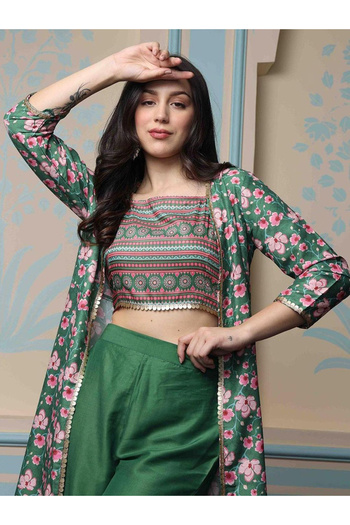 Ishin By Styli Printed Crop Top and Jacket with Trousers Set