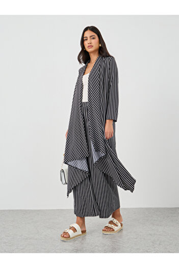 Keenly By Styli Striped Open Front Kimono with Wide Leg Pants Set