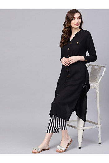 Ishin By Styli Solid Buttoned Kurta with Striped Trousers Set
