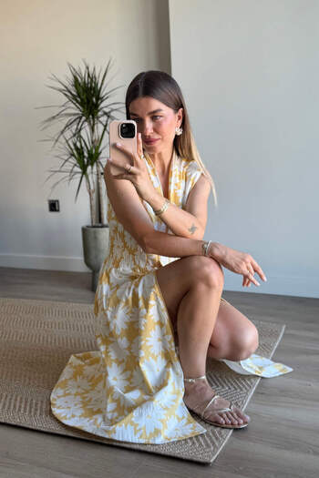 Sue Store Yellow White Lily Patterned Gipeli Zippered Padded Dress