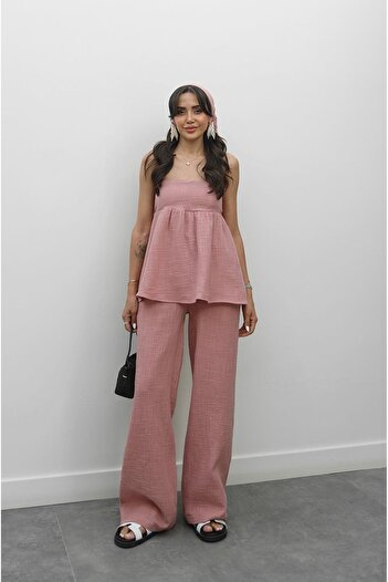 Havoş Pink Muslin Bandana Blouse Pants Set
