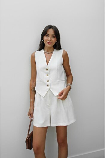 Havoş Ecru Striped Vest Shorts Set