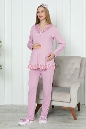 quilling Pink Color and Lace Collar 1169 2-Piece Maternity Pajama Set