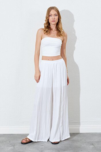 TENA Women's Ecru Elastic Waist Wide Leg Wrinkle Trousers