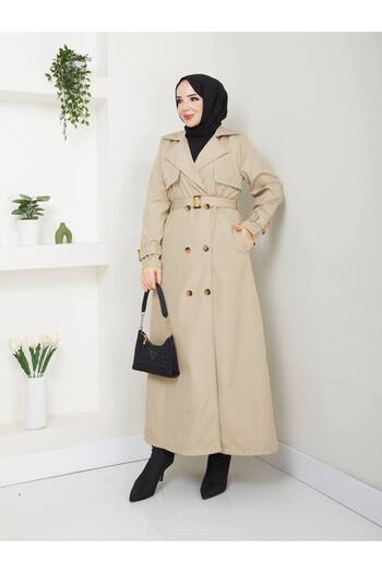 RACE FASHİON Modest Wear Waterproof Double Breasted Collar Belted Full Length Trench Coat Rc1403056